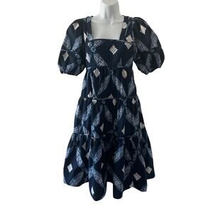 Ulla Johnson Dress 2 Blue Nora Midi Puff Sleeve Quilted Ikat Printed Pockets